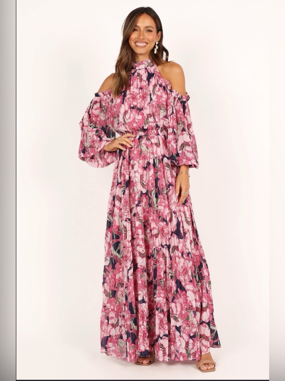 Petal & Pup Pink Floral Cold-Shoulder Halter Maxi Dress